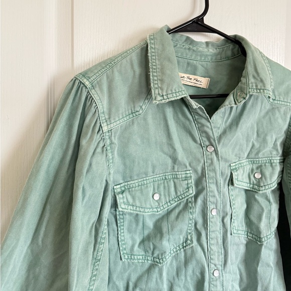 Free People With Love Denim Top in Green - Picture 3 of 8